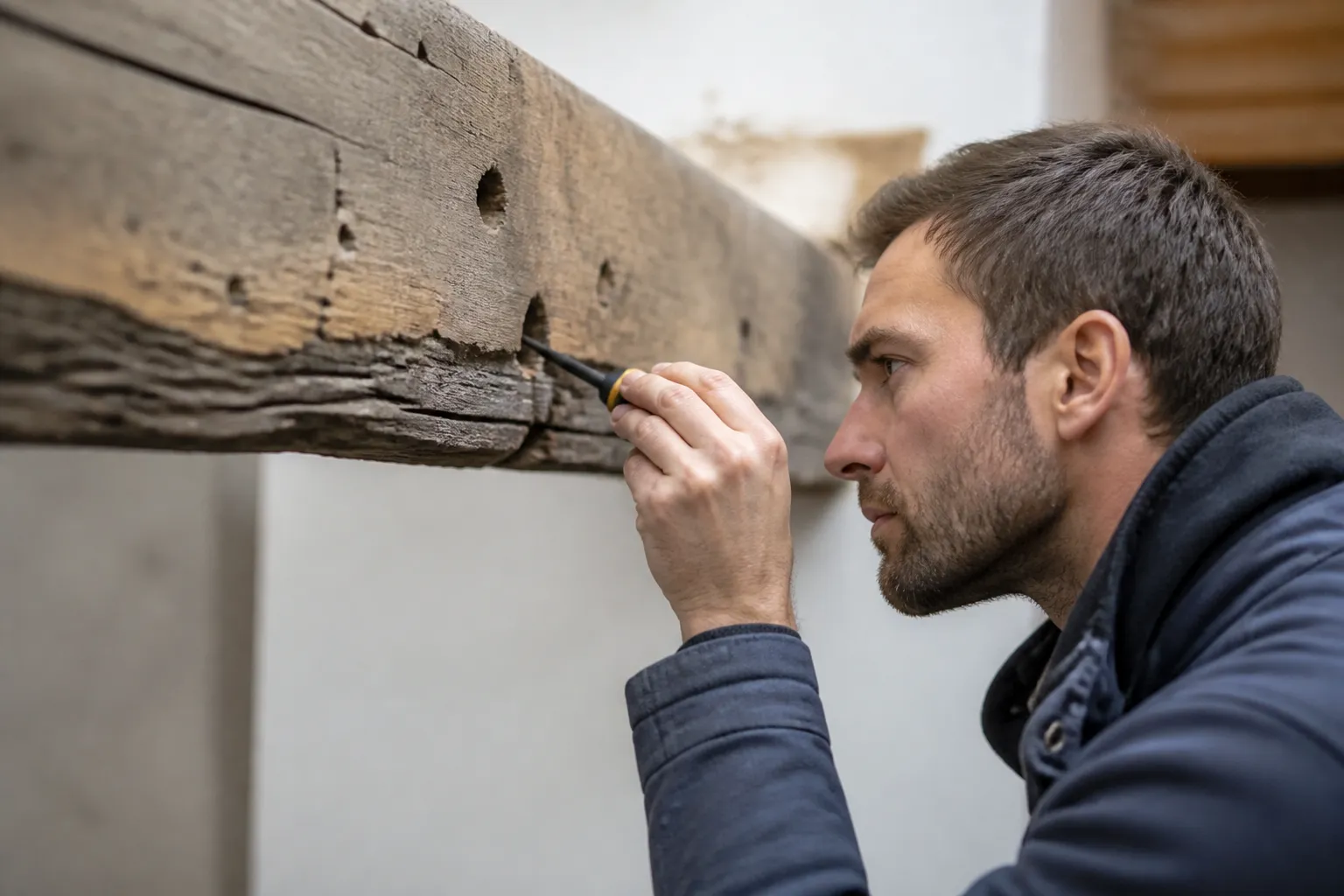 Expert sondant une poutre en bois avec un poincon