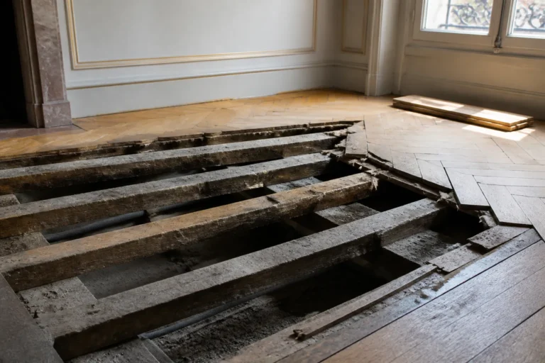 Parquet recent partiellement depose revelant des solives anciennes